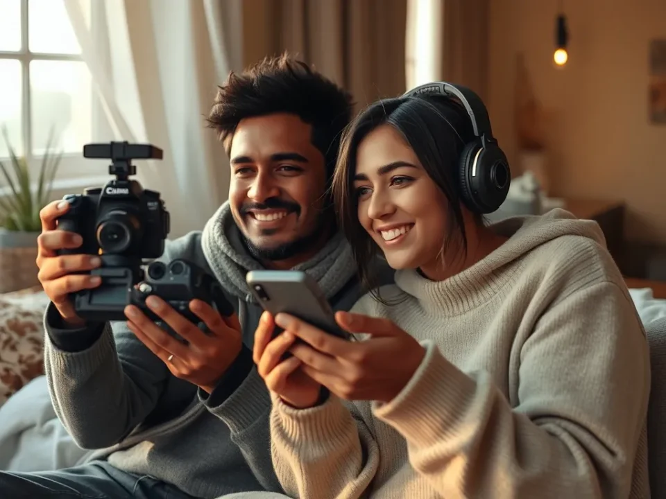 Vlogger cặp duo Phở Đặc Biệt quay video với món pho truyền thống, ánh sáng ấm áp, phong cách phóng sự, bối cảnh tự nhiên, góc quay điện ảnh