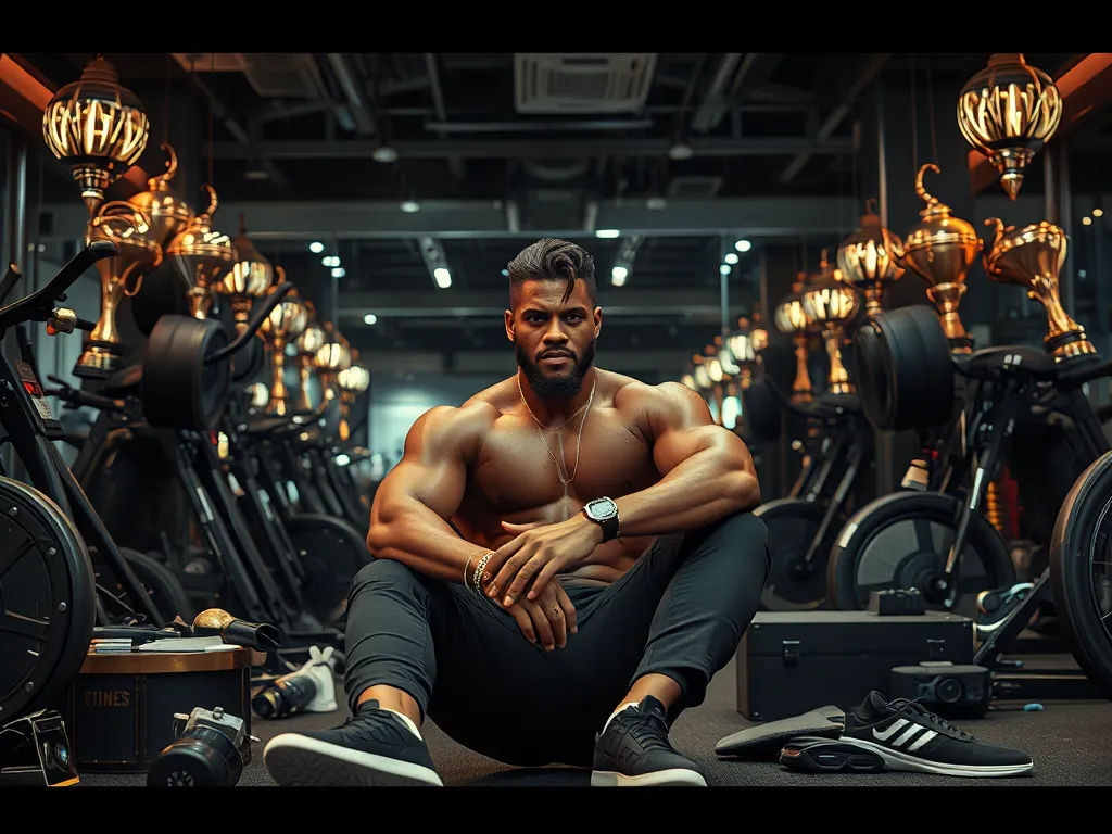 Xemesis trong phòng gym sang trọng với thiết bị livestream, bao quanh bởi các cúp và đồ hiệu
