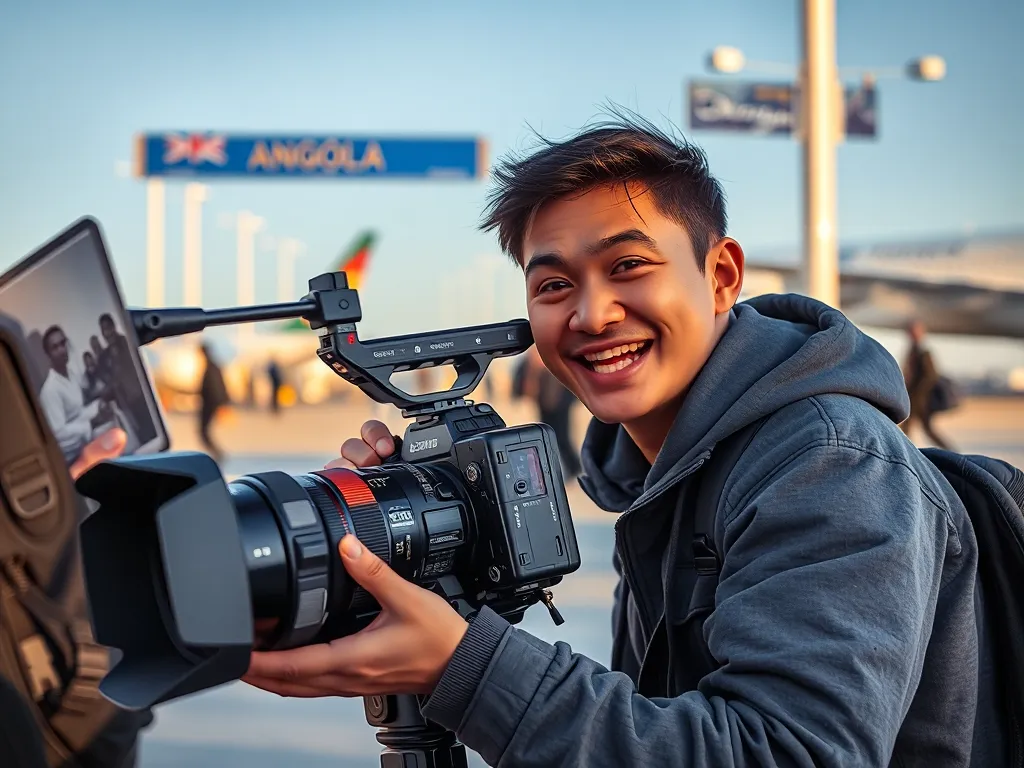 YouTuber Việt Quang Linh thiết bị quay phim tại sân bay Angola, bắt đầu hành trình khám phá châu Phi