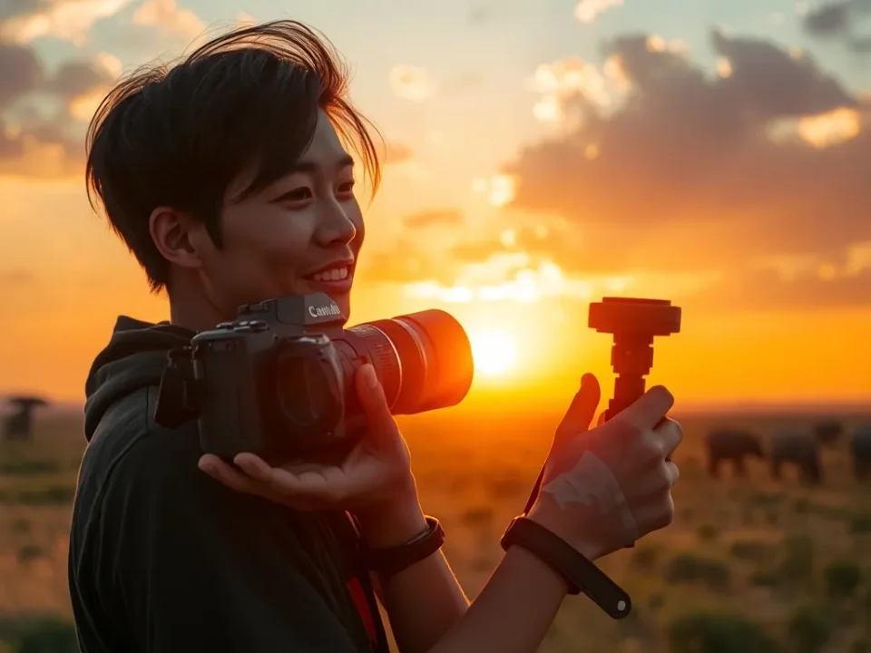 YouTuber Việt Quang Linh Vlogs cầm máy quay tại cảnh quan châu Phi với ánh hoàng hôn ấm áp